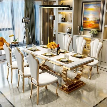 Роскошный мраморный столовый стол набор стульев из нержавеющей стали с золотым основанием обеденные столы стул кухонная мебель стол обеденный