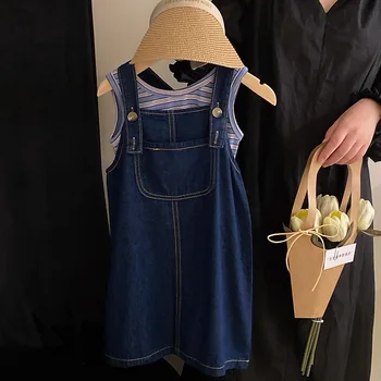 Корейский стиль детской одежды 2023 лето Новый полосатый жилет без рукавов для девочек Модная джинсовая юбка весна и осень