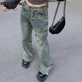 REDDACHiC 90-х Винтажные мешковатые джинсы для женщин Брюки с высокой талией Raw Edge Брюки Y2k Прямые широкие штанины Acubi Fashion Уличная одежда