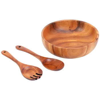  Деревянная салатница-Большая 9,4-дюймовая деревянная миска для салата из акации с ложкой, может использоваться для фруктов, салатов