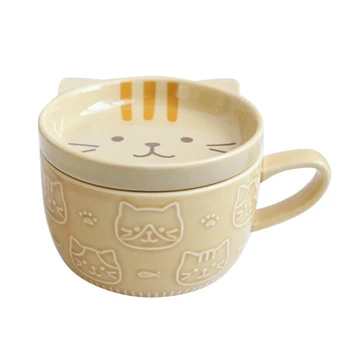  розничная торговля Креативные керамические кофейные кружки с крышкой Симпатичная кошка Фарфоровая чашка Семейный завтрак Чашка молочного сока Напиток