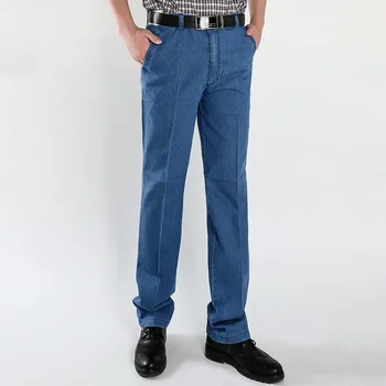 Весна / Лето Мужские большие джинсы Деловые повседневные Свободные прямые стволы Высокая талия Эластичные тонкие брюки