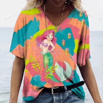 Женская футболка Kawaii Disney Princess Print Футболка Топ Мода Y2k Футболки с коротким рукавом V-образным вырезом Женская одежда Оверсайз Лето