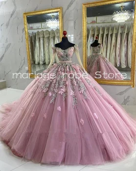 Старые розовые платья принцессы Quinceanera с длинным рукавом 3D цветочная аппликация пышная пачка на шнуровке Выпускной вечер vestido de 15años